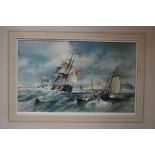 A S Ashmore, watercolour seascape of tall ships on headland framed and mounted 59cm x 44cm