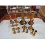 Brass candle sticks and vases etc