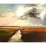 Mick Grady acrylic on board landscape of storm over a fenland scene, framed, mounted and glazed 77 x