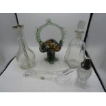 A Murano basket oil/vinegar bottle, decanter, sugar sifter and serving fork & spoon