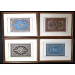 Four framed and mount silk stitchwork rug sample, in gilt frames