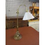 Brass adjustable table lamp with wooden base and glass shade