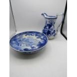 Blue & white jug and footed bowl/ cake stand