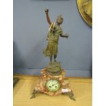 A French clock 'Hahmonie des Champs- par Rousseau' brass figure on a marble base, signed at base 22"