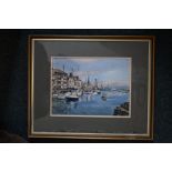 R E Jordan, watercolour of harbour scene, framed and mounted