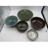 5 studio pottery bowls, 3 marked D.P