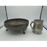 Large Roundhead pewter footed fruit bowl 8231 with cross design, 26cm diameter plus a Cornish pewter