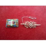9ct gold brooch with safety chain 4.5cm long plus a micro mosaic brooch 2.5cm long
