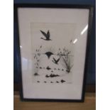 F. Luder ink silhouette of ducks on a lake 30x41cm