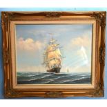 T Wood, oil on canvas ship in full sail mounted in gilt frame, 67cm x 57cm