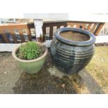 2 ceramic garden plant pots. Largest H39cm approx