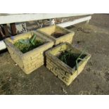 3 Square concrete brick pattern garden planters . Largest H28cm approx