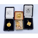 5 Hallmarked Gold Football Fob Medals engraved - Isle J Cup 1927-28 3.75g, Isle J Cup 1928-29 3.57g,