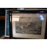 five framed picture including a framed plate print of "the battle of the Bright"