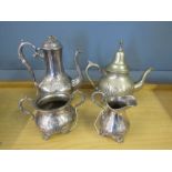 A plated tea pot, jug and bowl set and one other teapot