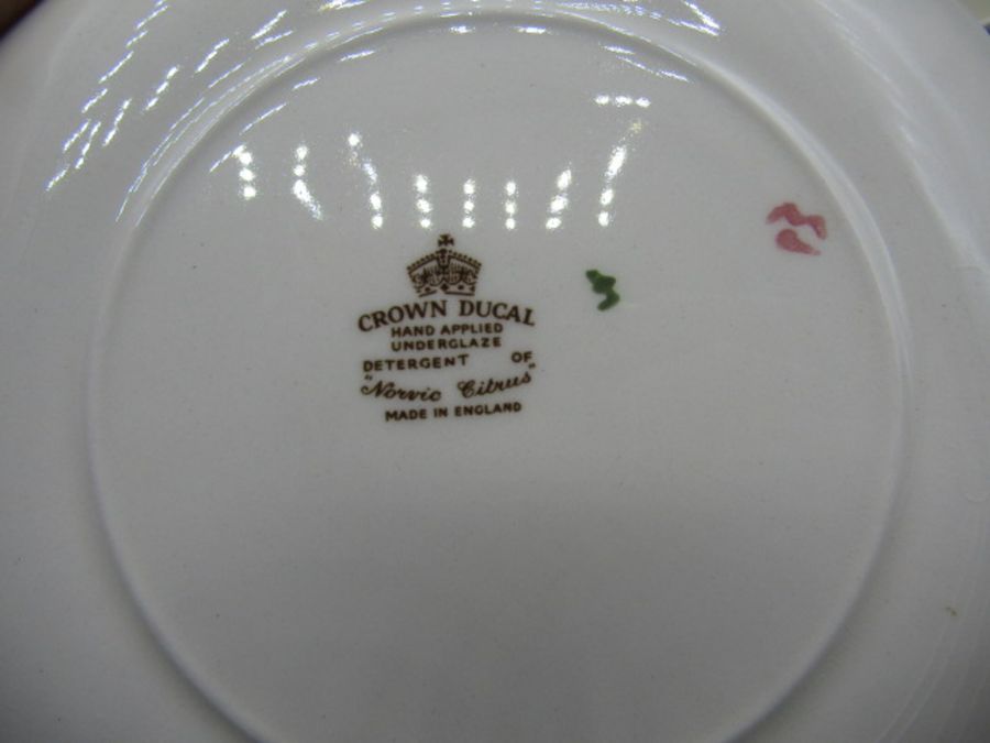Crown Ducal 'Norvic citrus' part tea set comprising teapot, sugar bowl, milk jug, 6 cups, 4 - Image 2 of 2
