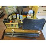 Collectors lot to include a pipe, clocks, bone glove stretcher, tripod, vintage spirit level,