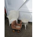 2 Lloyd Loom style chairs and vintage wicker children's pram for display purposes only