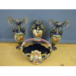 4 piece garniture set vase and basket set with Victorian figures
