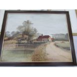 Gordon Lambert oil on canvas depicting a farm, canvas ripped