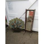 Cheval floor mirror and painted wooden fire screen