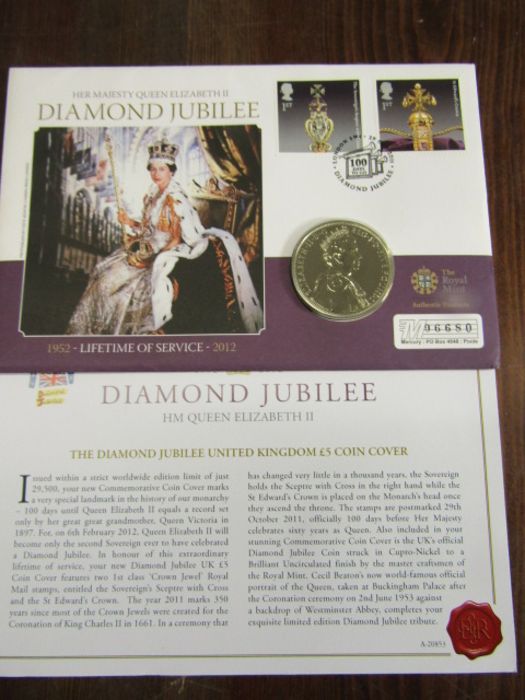 Diamond Jubilee £5 coin cover (royal mint) and 3 Owens dinosauria stamps 1841