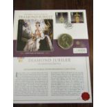 Diamond Jubilee £5 coin cover (royal mint) and 3 Owens dinosauria stamps 1841