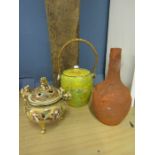 Chinese barrel with straw handle, gilt lidded pot and red dragon vase