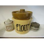 T&G Greene flour pot (10") and 2 pottery pots