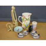 Collection of various china to include a Wade dish, pie funnel in original tin and 2 stone figures