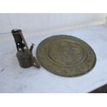 Large decorative brass charger and vintage blow torch