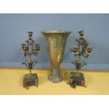 A pair of candle sticks (a/f) and a trophy 15"h