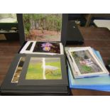 A collection of mounted photographs of various subjects and a small portfolio of art work