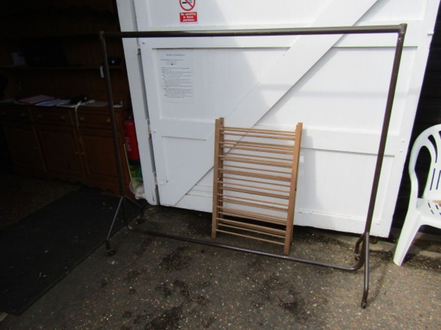 Metal clothes rail and vintage wooden play pen for display purposes only