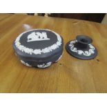 Wedgewood Jasperware black trinket box and candle stick holder