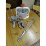 Vintage David Fulton of Glasgow pastry roller disc cutter, Tala meat press and Wirax balloon whisk