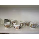 Royal York jug and dish, Royal memorabilia cups, one pewter and 3 nickel/ Bengal silver spoons