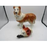 Vintage fox head stirrup cup (repaired)and a Staffordshire collie dog figure