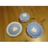 Wedgewood Jasperware blue trinket box and dishes