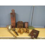Treen collectors lot to include vintage shoe lasts, spice drawers, letter rack, tray with brass