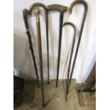 A collection of walking canes to include a hawthorn cane and a pool cue decanter stick
