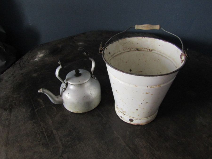 Vintage aluminium kettle with name and enamel bucket