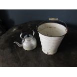 Vintage aluminium kettle with name and enamel bucket