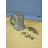Cold painted bronze fox, 3 small metal animals(maybe cold painted bronze) and pewter tankard with