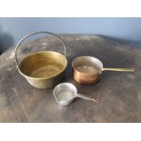 Copper pan, brass bowel with handle and aluminium pan
