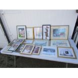 Framed mixed media pictures including signed watercolours, prints and photos