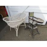 Vintage wooden children's highchair and wicker Moses basket with stand for display purposes only