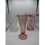 Cranberry bohemian cut glass vase and 2 others