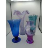 4 coloured glass vases, tallest approx 39cm