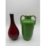 Royal Doulton glazed green handled vase and Flambe bud vase
